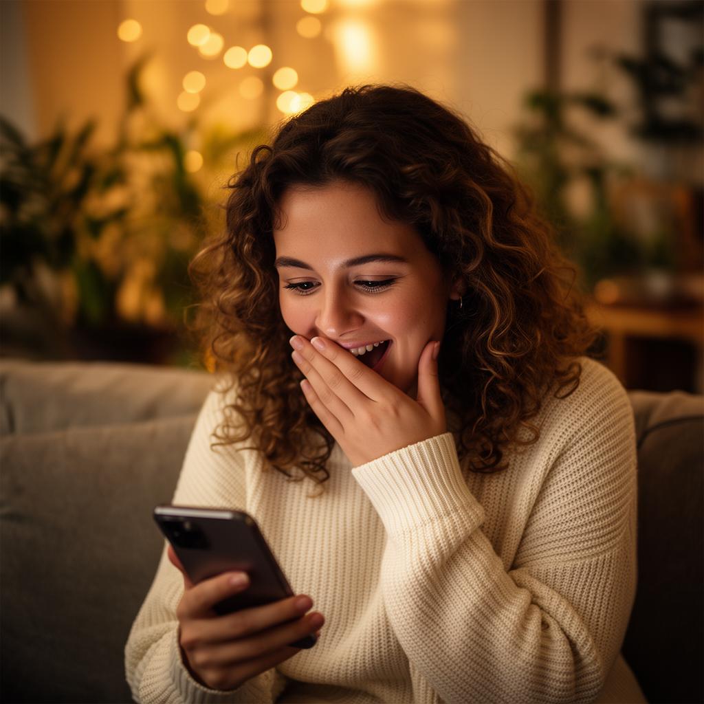 Woman delighted reading a QomLoi on her phone