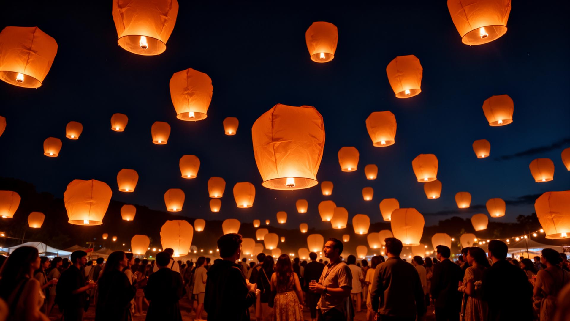 Thousands of lanterns rising into the night sky